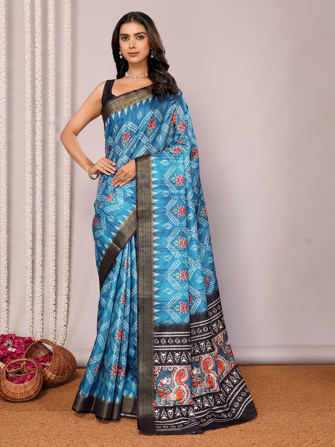 Janasya Blue Chanderi Silk Ikkat Printed Saree | Swadesiicart