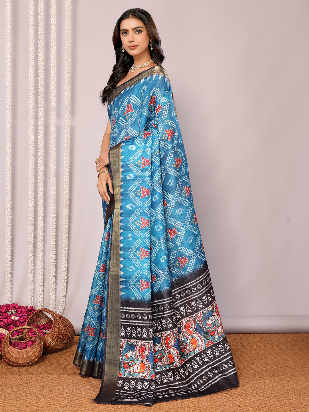 Janasya Blue Chanderi Silk Ikkat Printed Saree | Swadesiicart