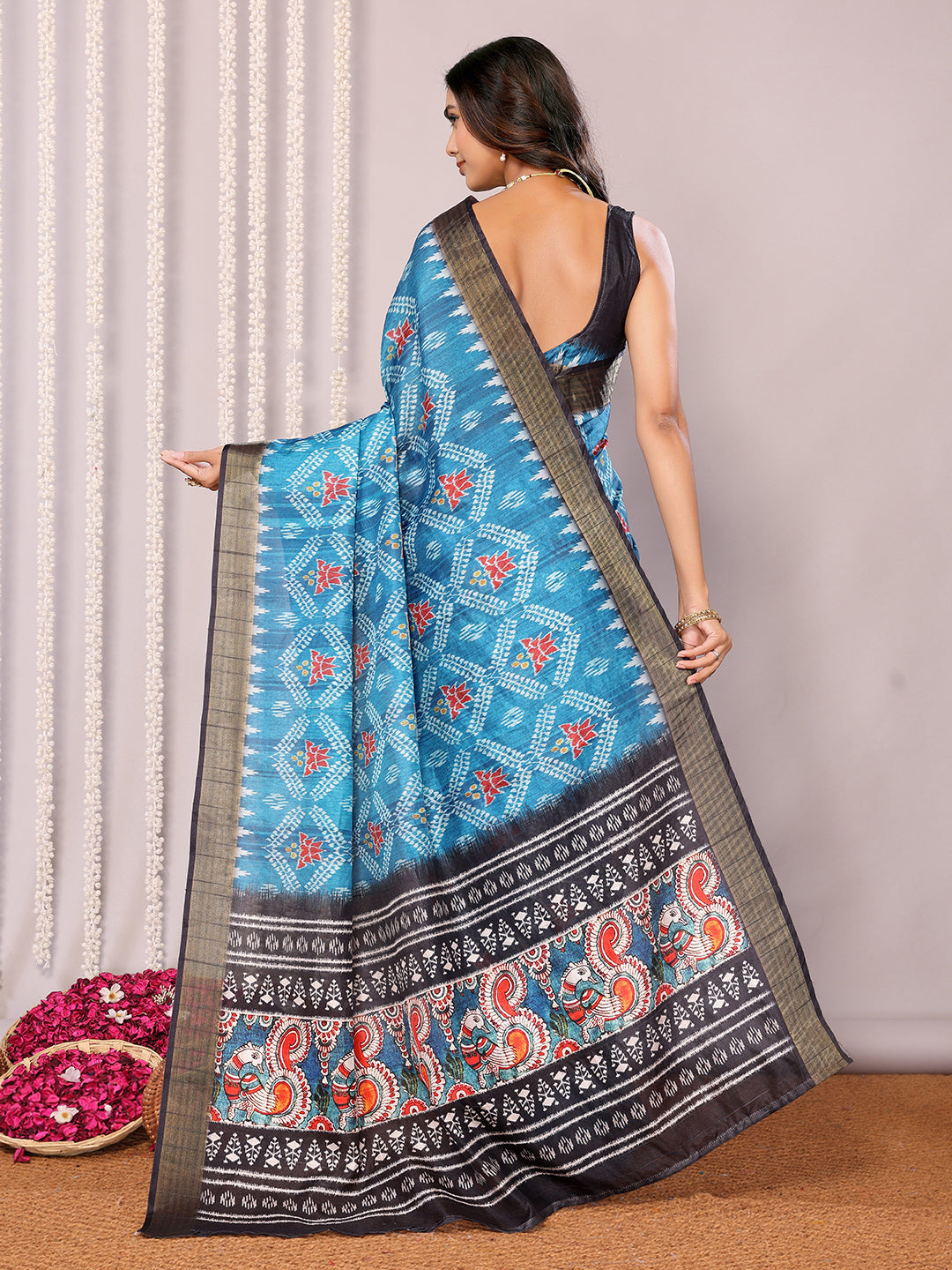 Janasya Blue Chanderi Silk Ikkat Printed Saree | Swadesiicart