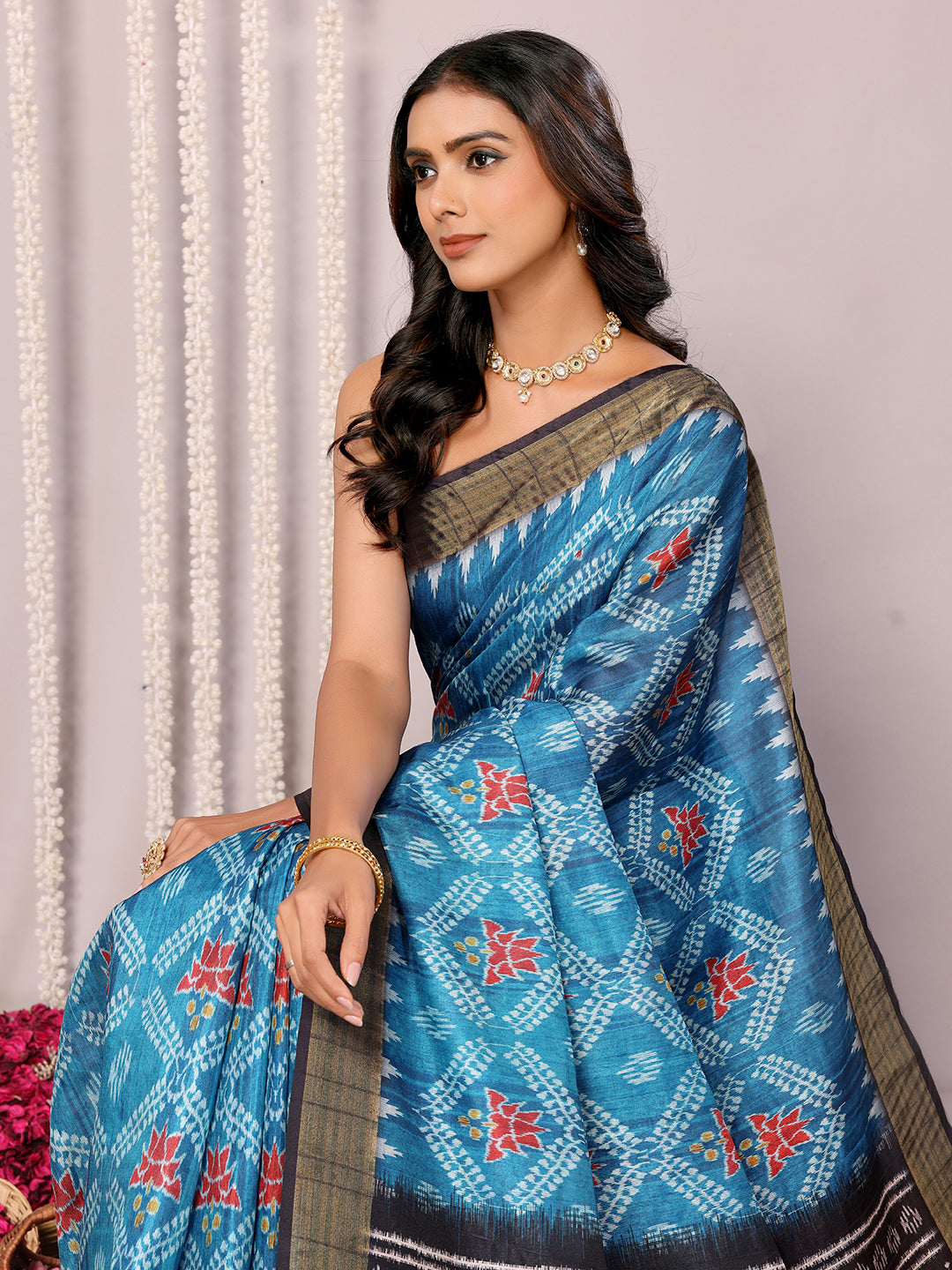 Janasya Blue Chanderi Silk Ikkat Printed Saree | Swadesiicart