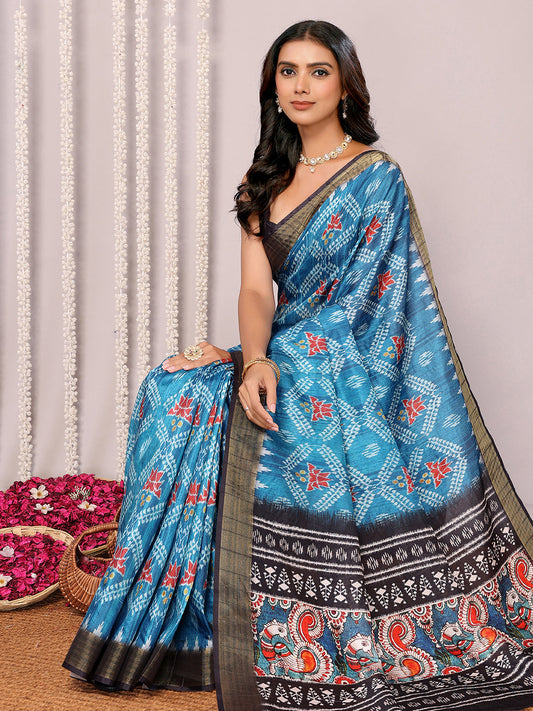 Janasya Blue Chanderi Silk Ikkat Printed Saree | Swadesiicart