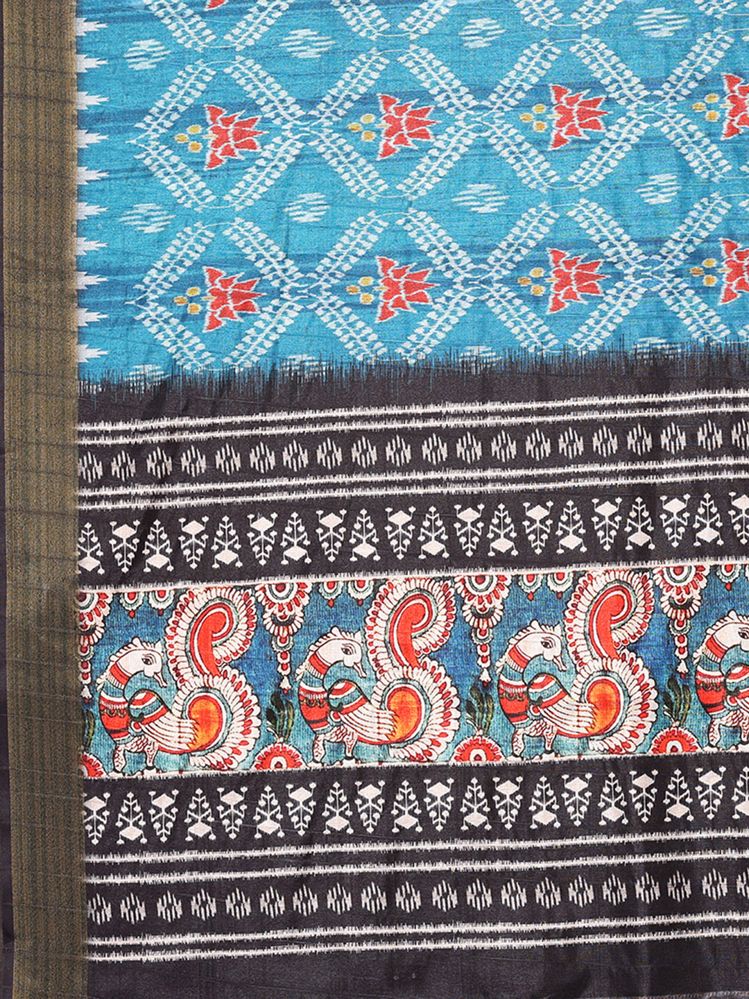 Janasya Blue Chanderi Silk Ikkat Printed Saree | Swadesiicart