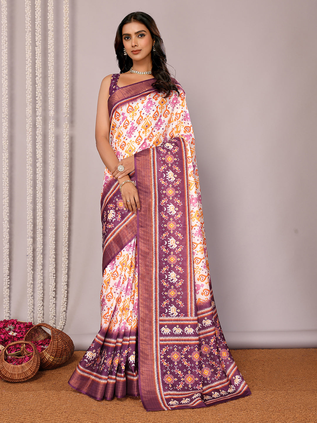 Janasya White & Purple Chanderi Silk Ikkat Printed Saree | Swadesiicart