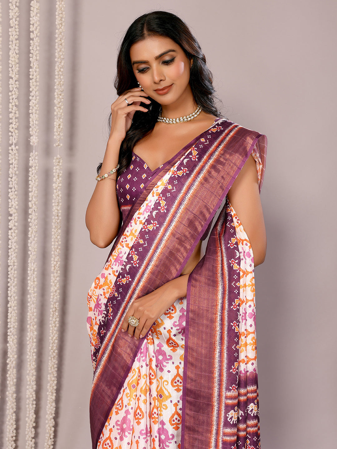 Janasya White & Purple Chanderi Silk Ikkat Printed Saree | Swadesiicart