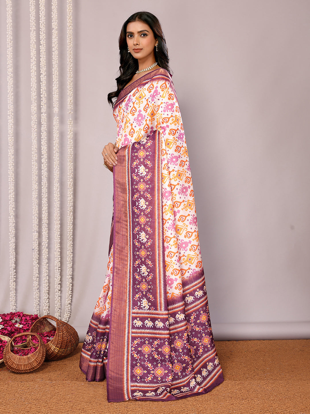 Janasya White & Purple Chanderi Silk Ikkat Printed Saree | Swadesiicart