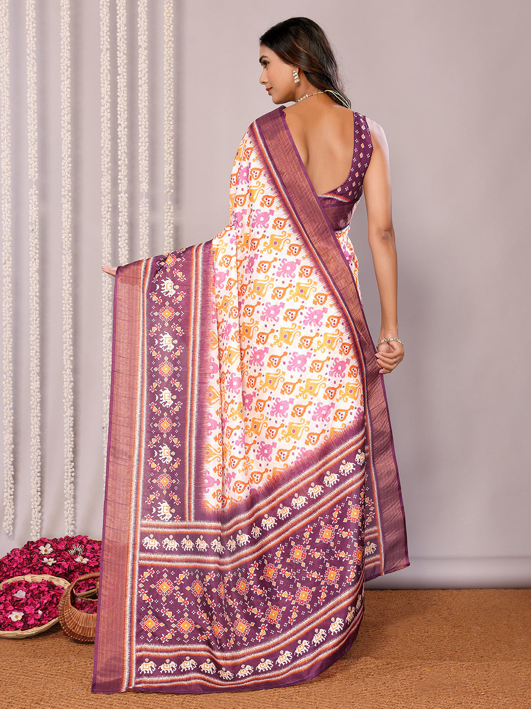 Janasya White & Purple Chanderi Silk Ikkat Printed Saree | Swadesiicart