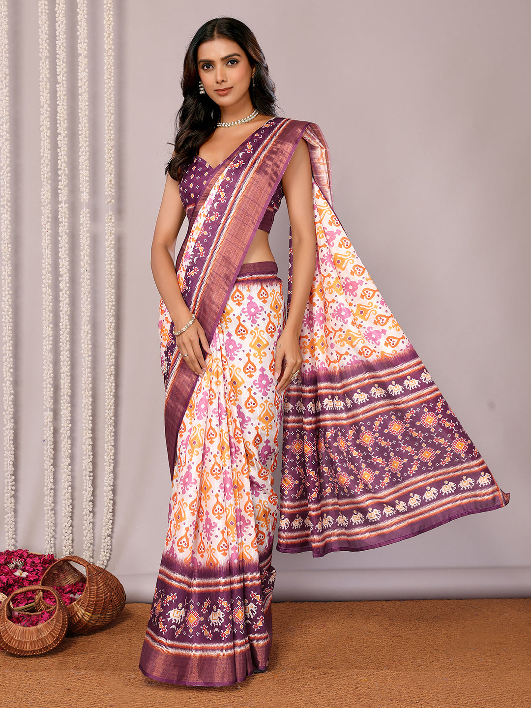 Janasya White & Purple Chanderi Silk Ikkat Printed Saree | Swadesiicart