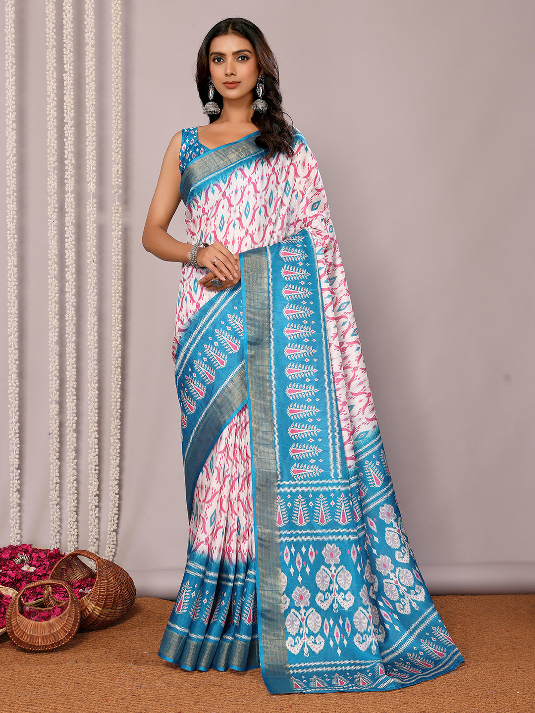 Janasya Blue Chanderi Silk Ikkat Printed Saree | Swadesiicart
