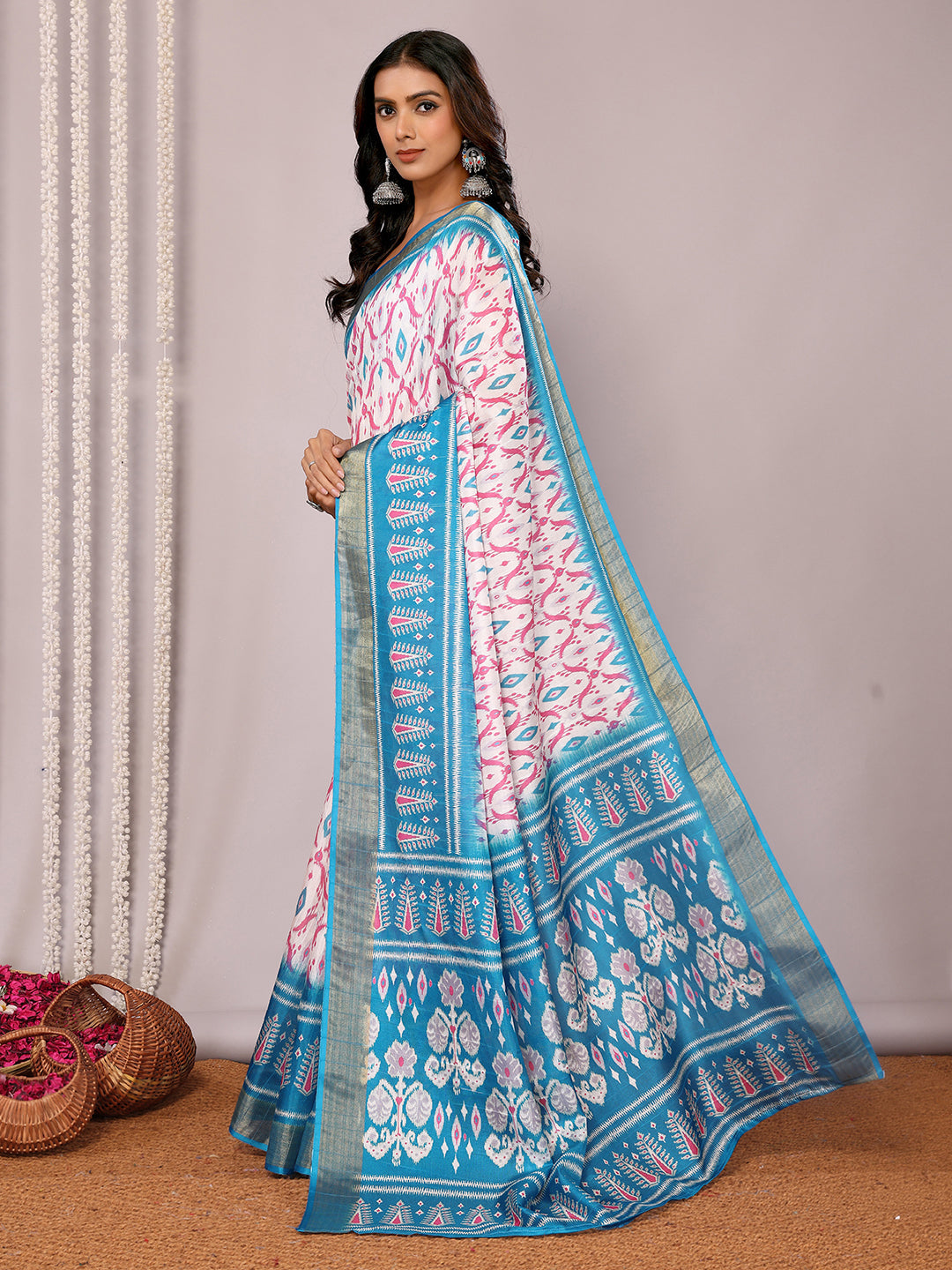 Janasya Blue Chanderi Silk Ikkat Printed Saree | Swadesiicart