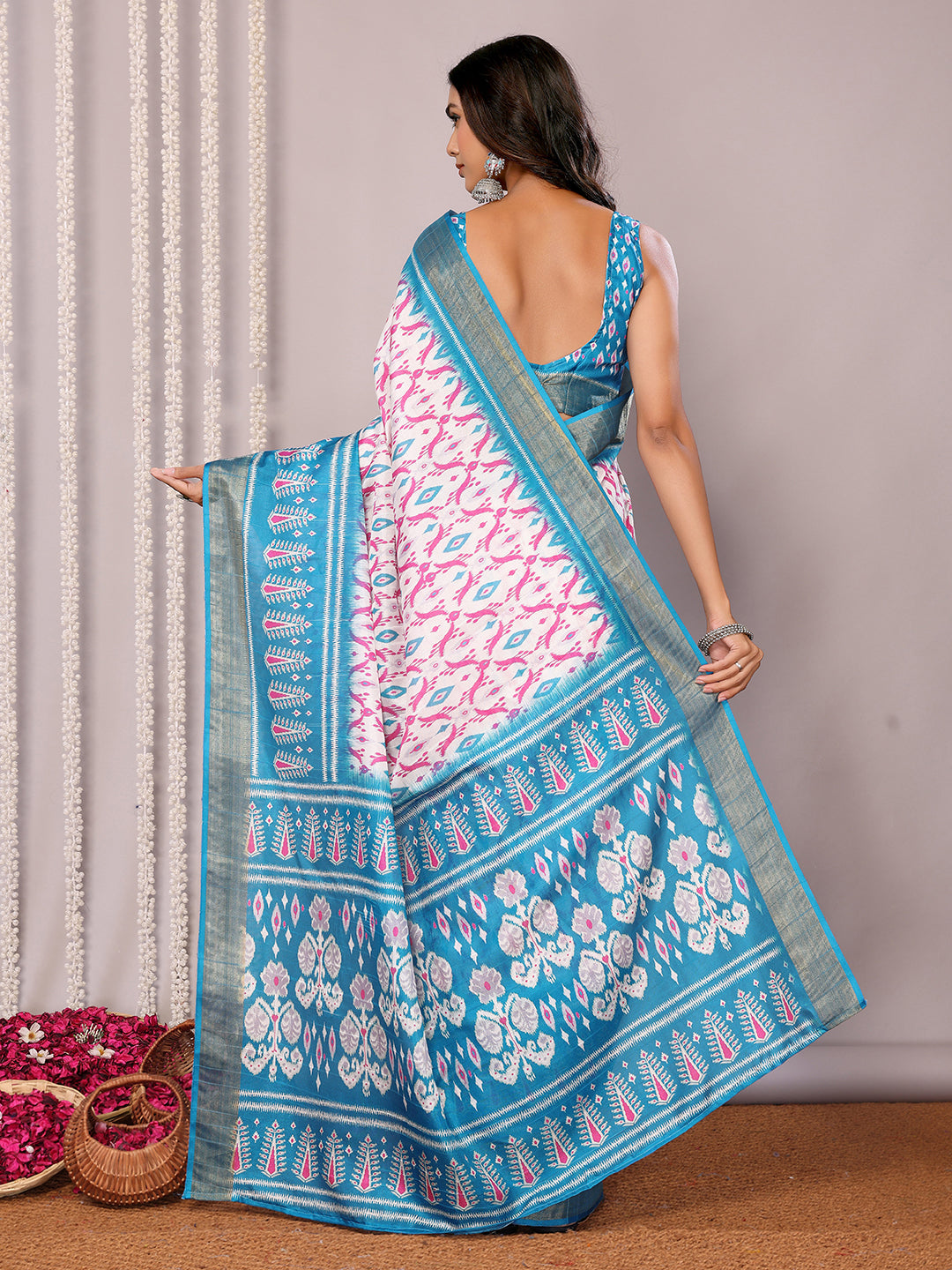 Janasya Blue Chanderi Silk Ikkat Printed Saree | Swadesiicart