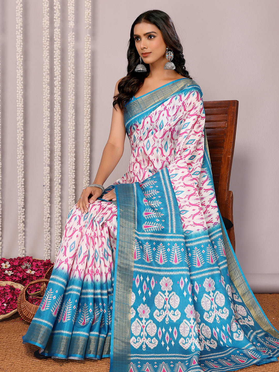 Janasya Blue Chanderi Silk Ikkat Printed Saree | Swadesiicart