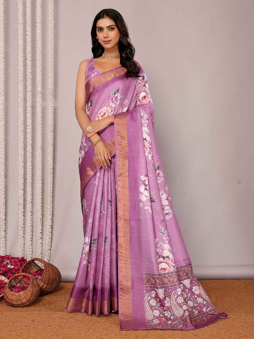 Janasya Purple Chanderi Silk Floral Printed Saree | Swadesiicart