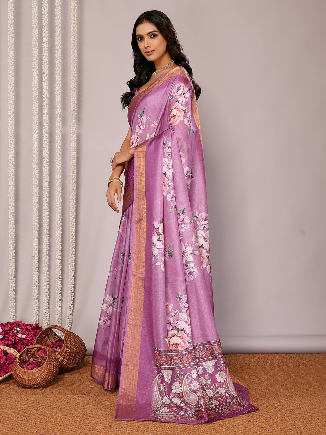 Janasya Purple Chanderi Silk Floral Printed Saree | Swadesiicart