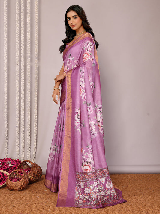 Janasya Purple Chanderi Silk Floral Printed Saree | Swadesiicart