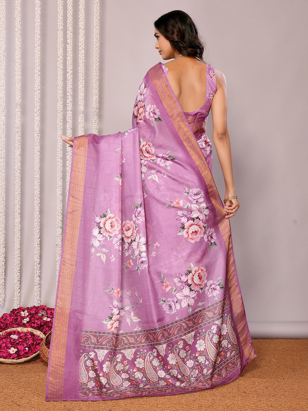 Janasya Purple Chanderi Silk Floral Printed Saree | Swadesiicart