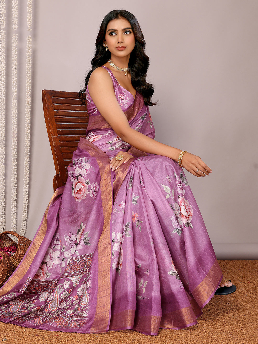 Janasya Purple Chanderi Silk Floral Printed Saree | Swadesiicart