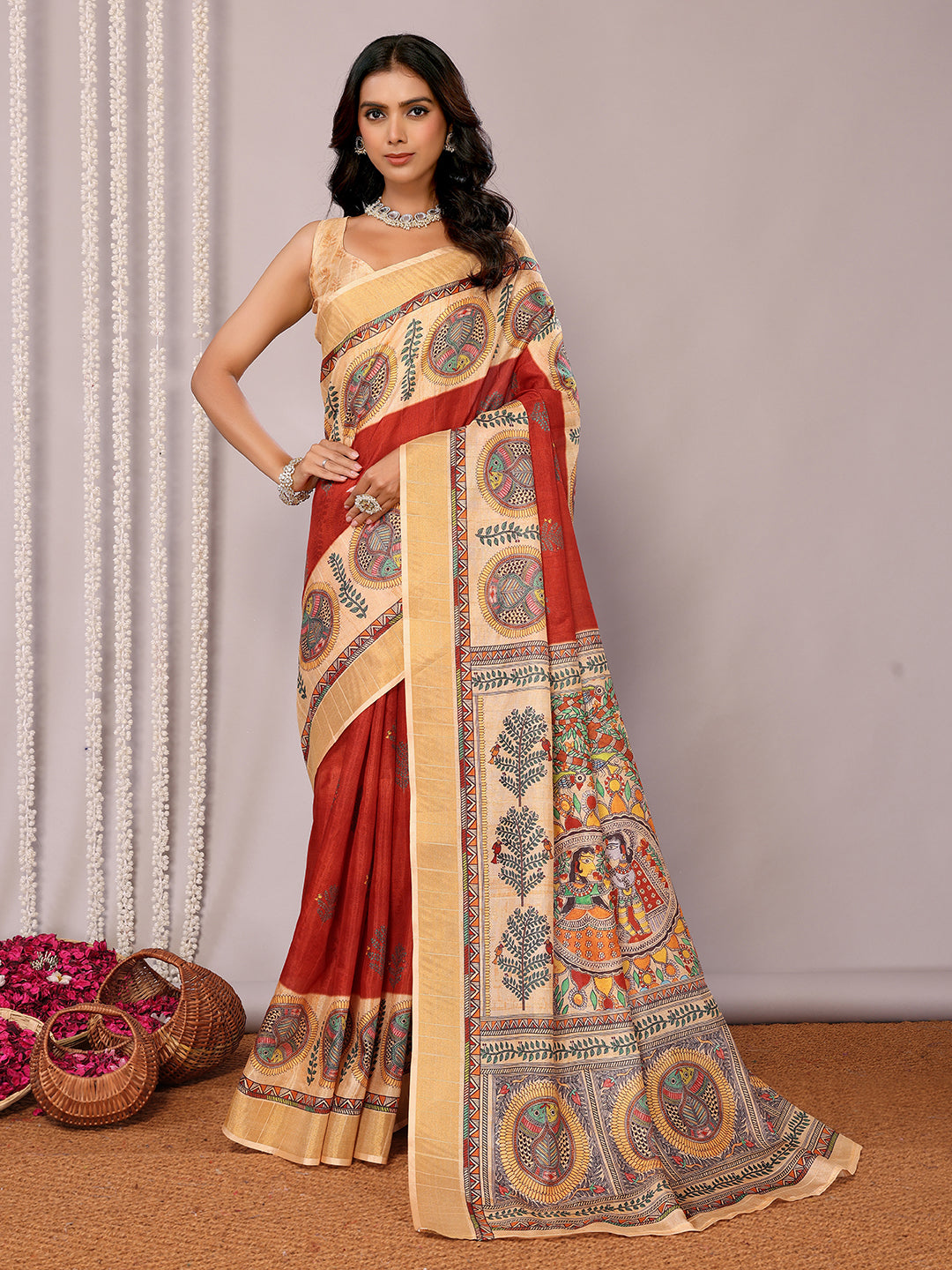 Janasya Maroon Chanderi Silk Ethnic Print Printed Saree | Swadesiicart