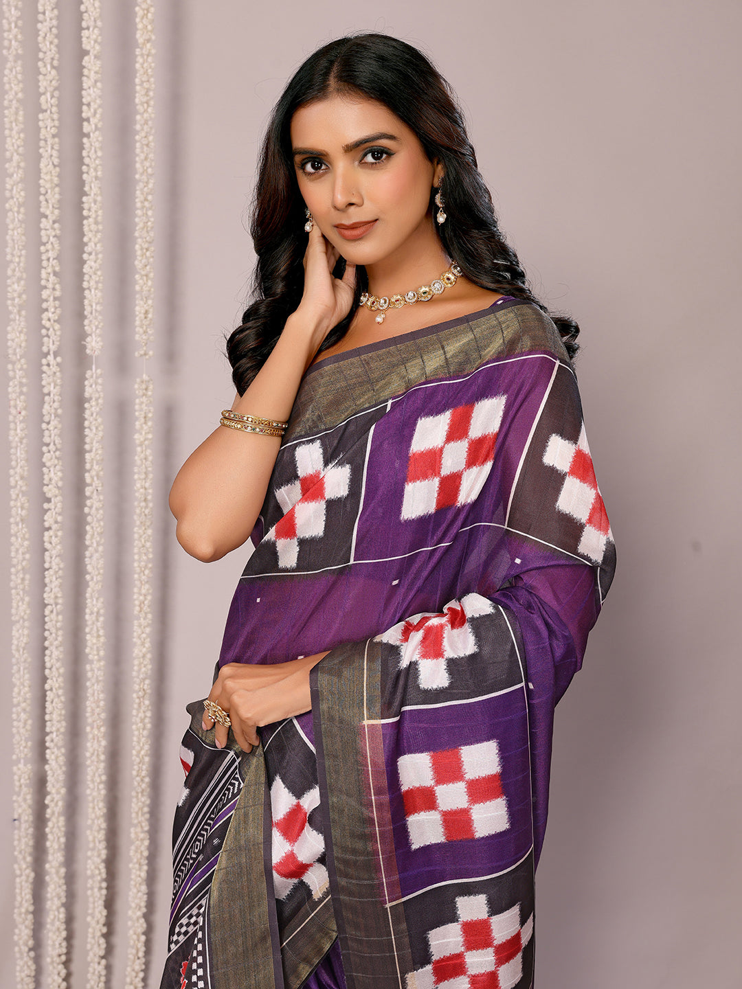 Janasya Purple Chanderi Silk Geometric Printed Saree | Swadesiicart