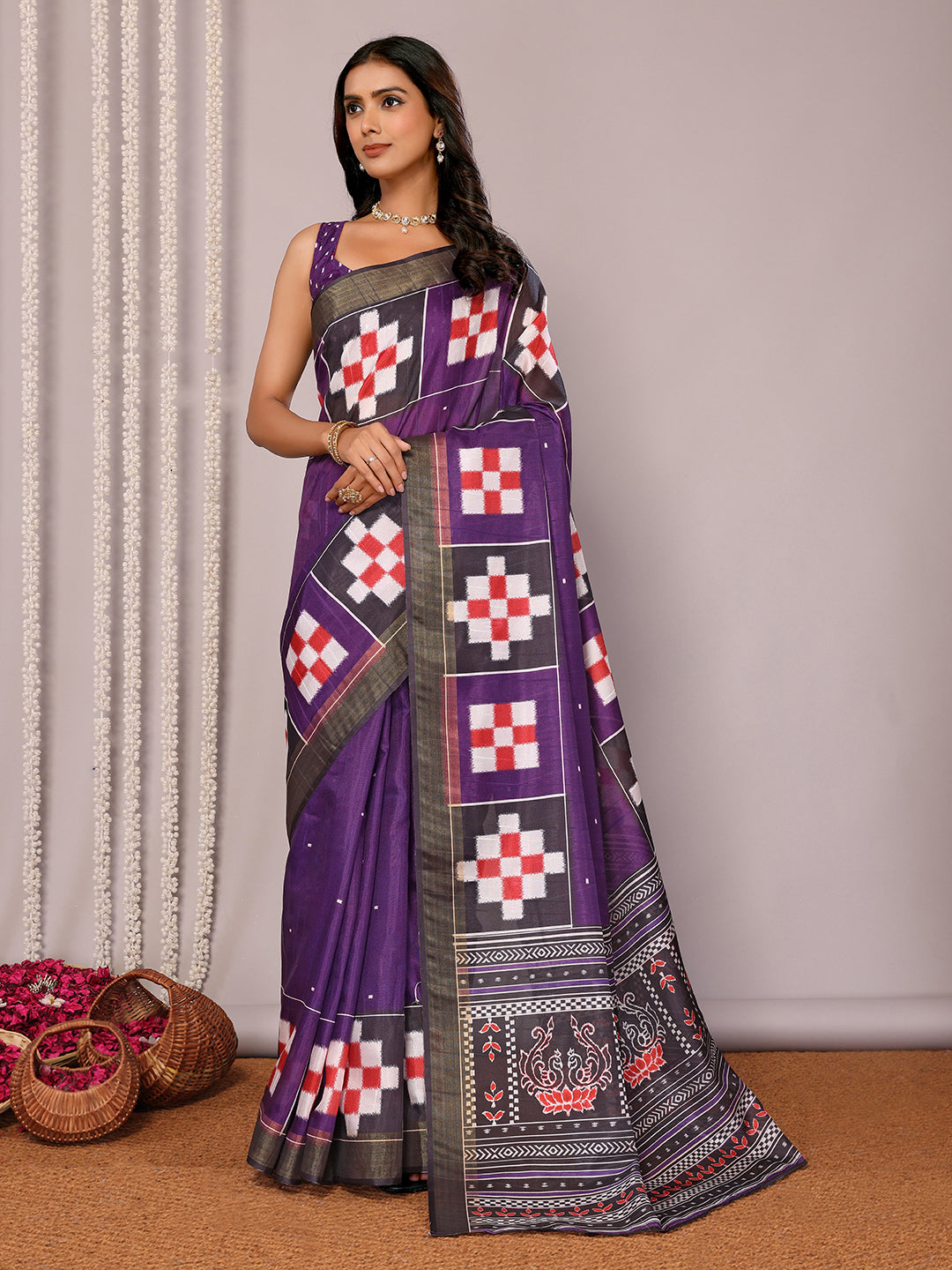 Janasya Purple Chanderi Silk Geometric Printed Saree | Swadesiicart