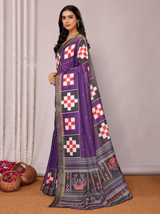 Janasya Purple Chanderi Silk Geometric Printed Saree | Swadesiicart