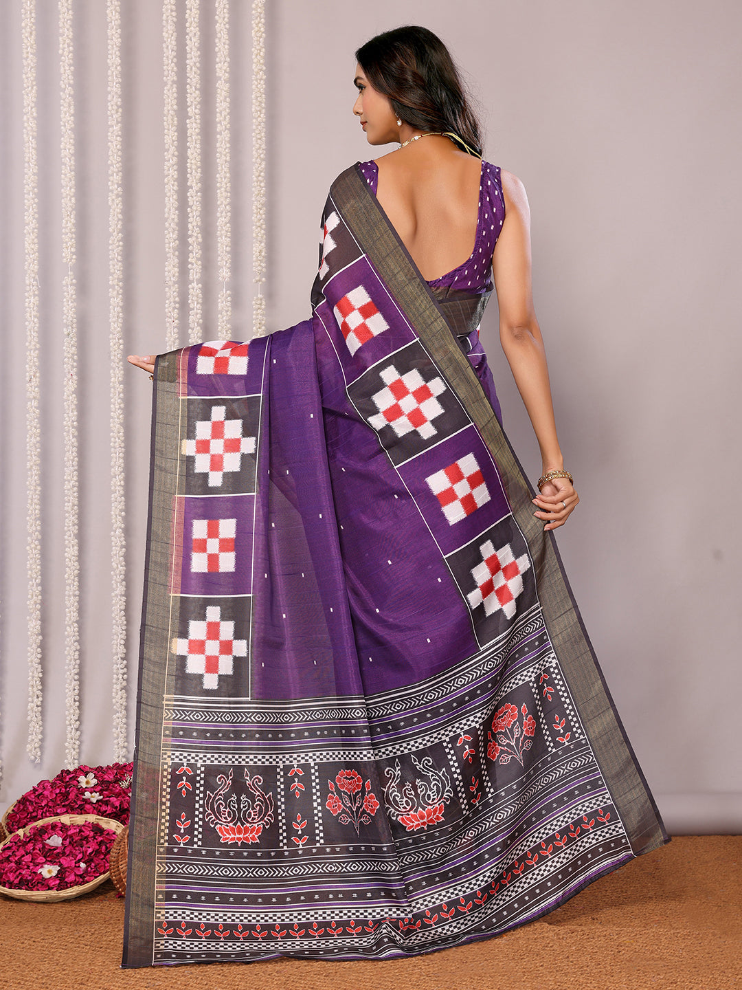 Janasya Purple Chanderi Silk Geometric Printed Saree | Swadesiicart