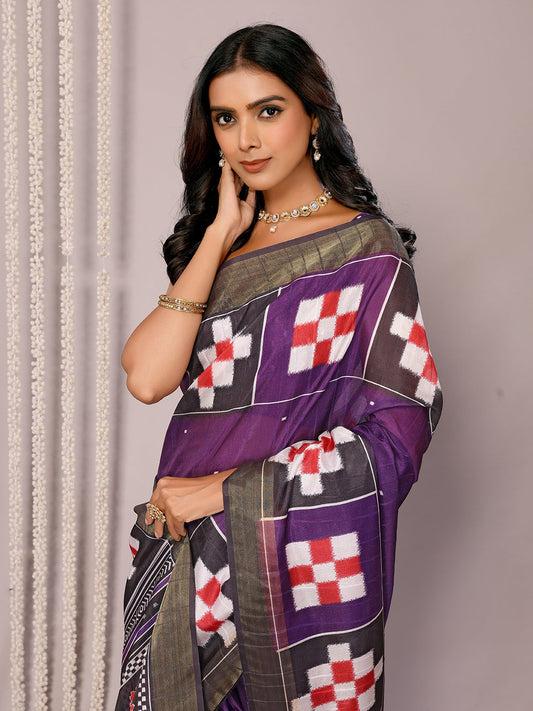 Janasya Purple Chanderi Silk Geometric Printed Saree | Swadesiicart