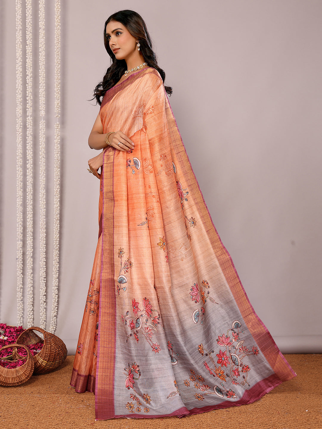 Janasya Beige Chanderi Silk Floral Printed Saree | Swadesiicart