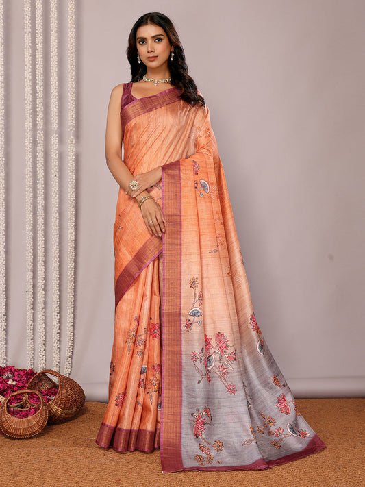 Janasya Beige Chanderi Silk Floral Printed Saree | Swadesiicart