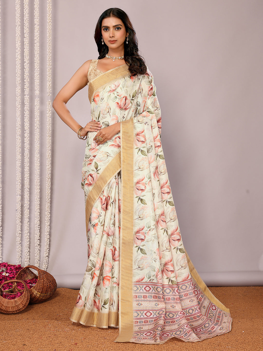 Janasya Cream Chanderi Silk Floral Printed Saree | Swadesiicart