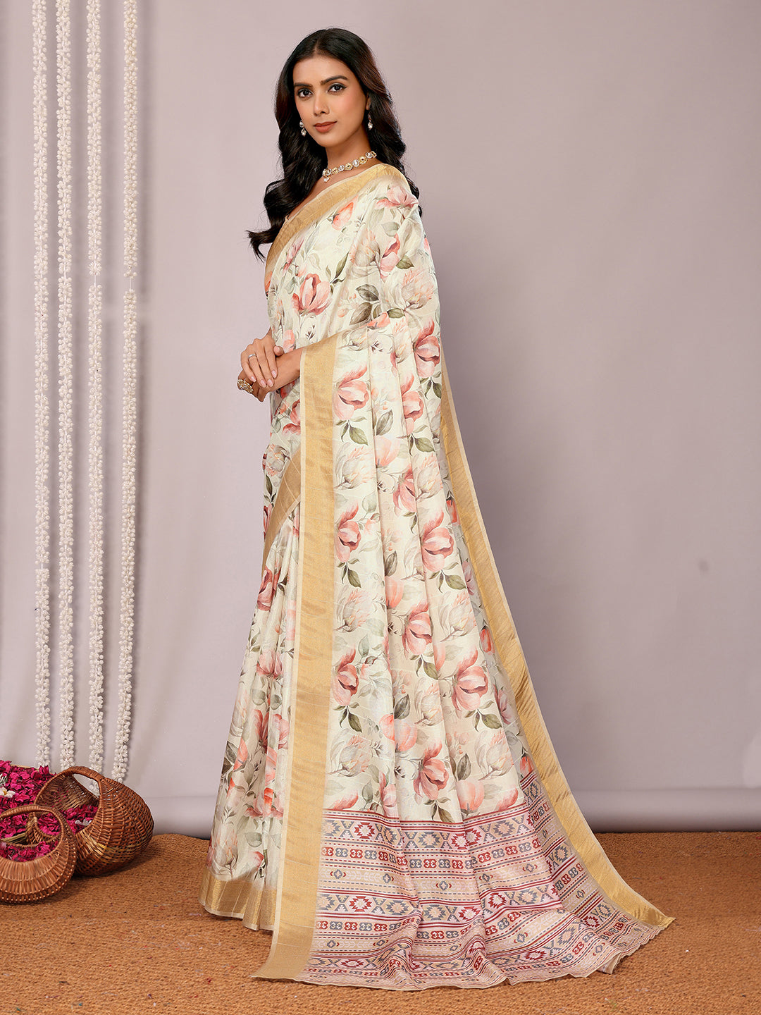 Janasya Cream Chanderi Silk Floral Printed Saree | Swadesiicart