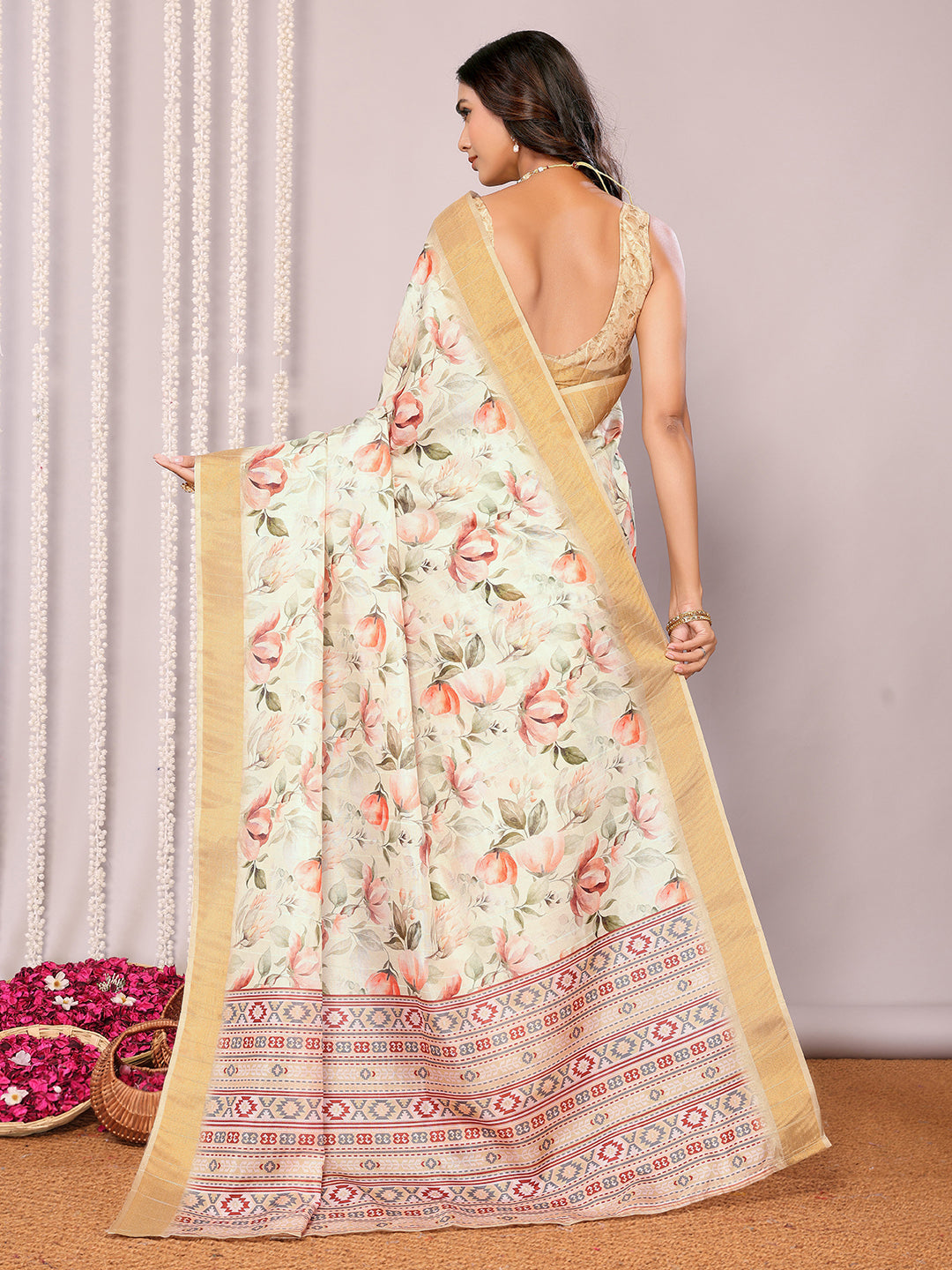 Janasya Cream Chanderi Silk Floral Printed Saree | Swadesiicart