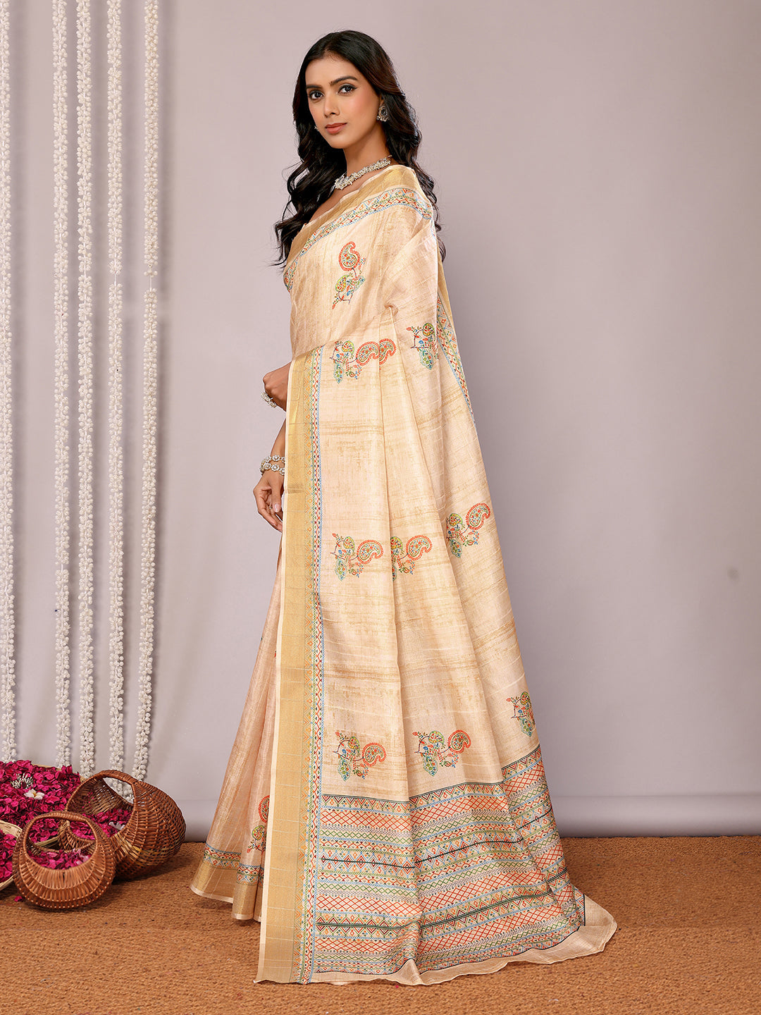 Janasya Beige Chanderi Silk Paisley Printed Saree | Swadesiicart