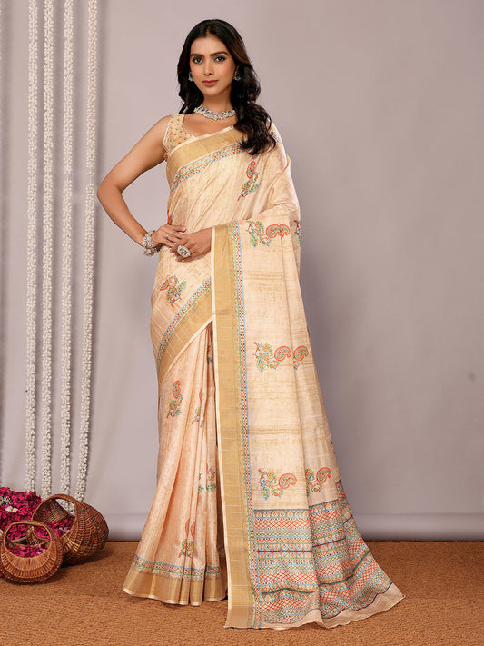 Janasya Beige Chanderi Silk Paisley Printed Saree | Swadesiicart
