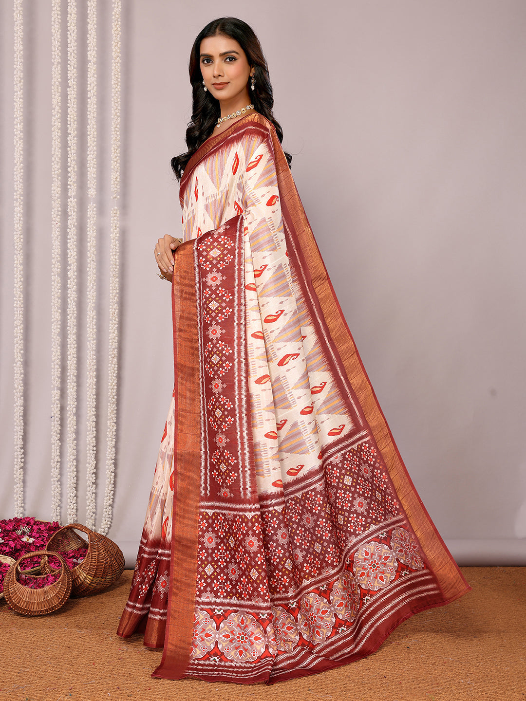 Janasya Cream Chanderi Silk Ikkat Printed Saree | Swadesiicart