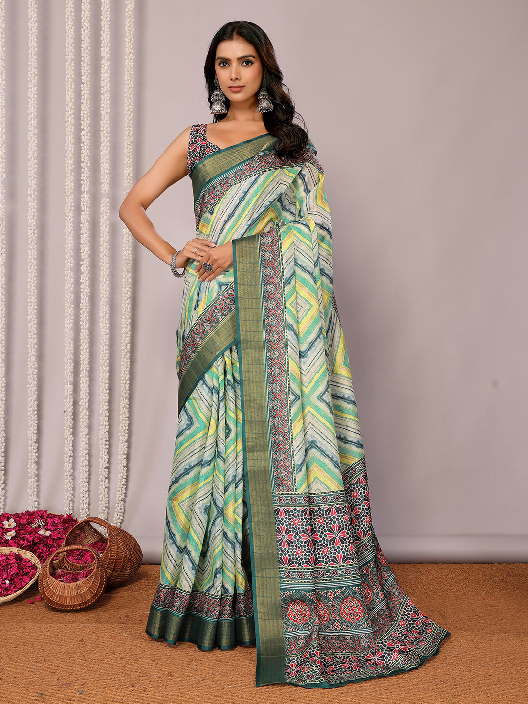 Janasya Green Chanderi Silk Chevron Printed Saree | Swadesiicart