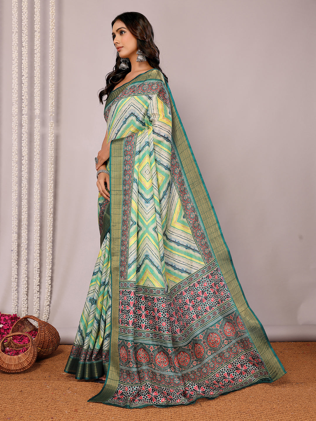 Janasya Green Chanderi Silk Chevron Printed Saree | Swadesiicart