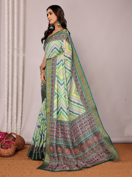 Janasya Green Chanderi Silk Chevron Printed Saree | Swadesiicart