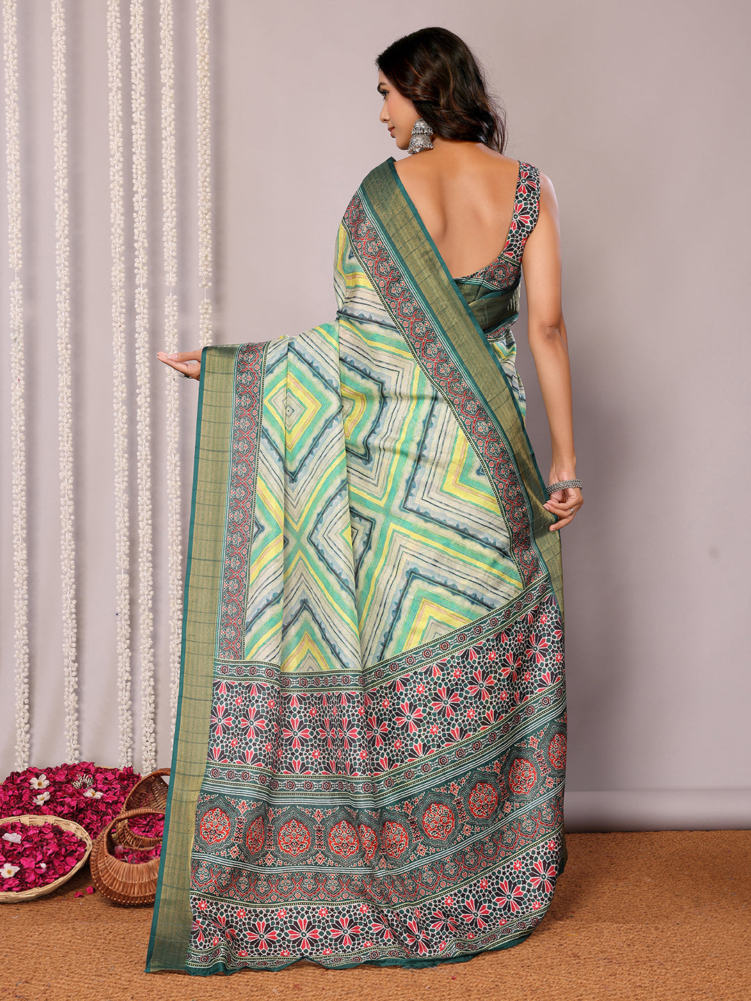 Janasya Green Chanderi Silk Chevron Printed Saree | Swadesiicart