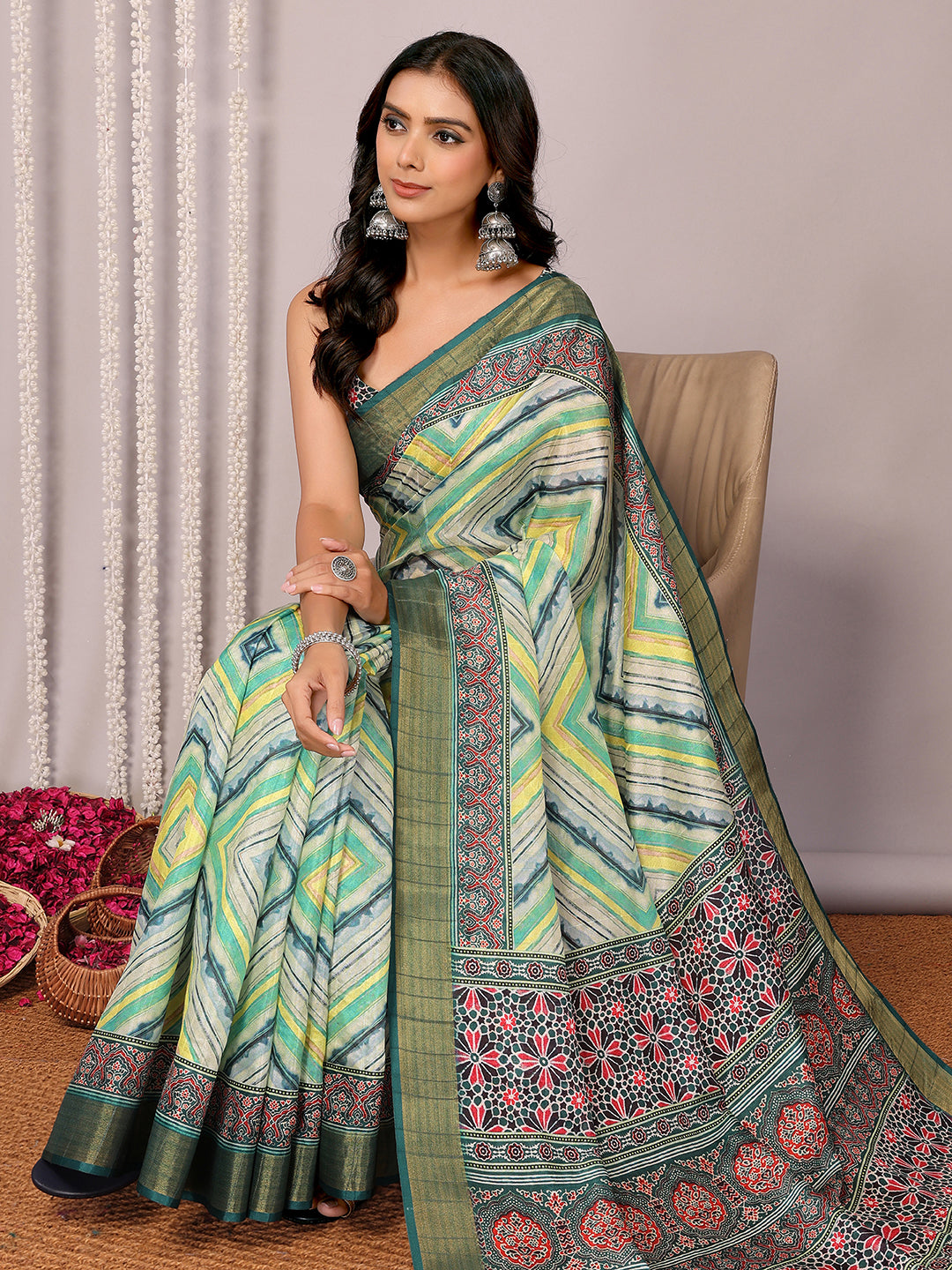 Janasya Green Chanderi Silk Chevron Printed Saree | Swadesiicart