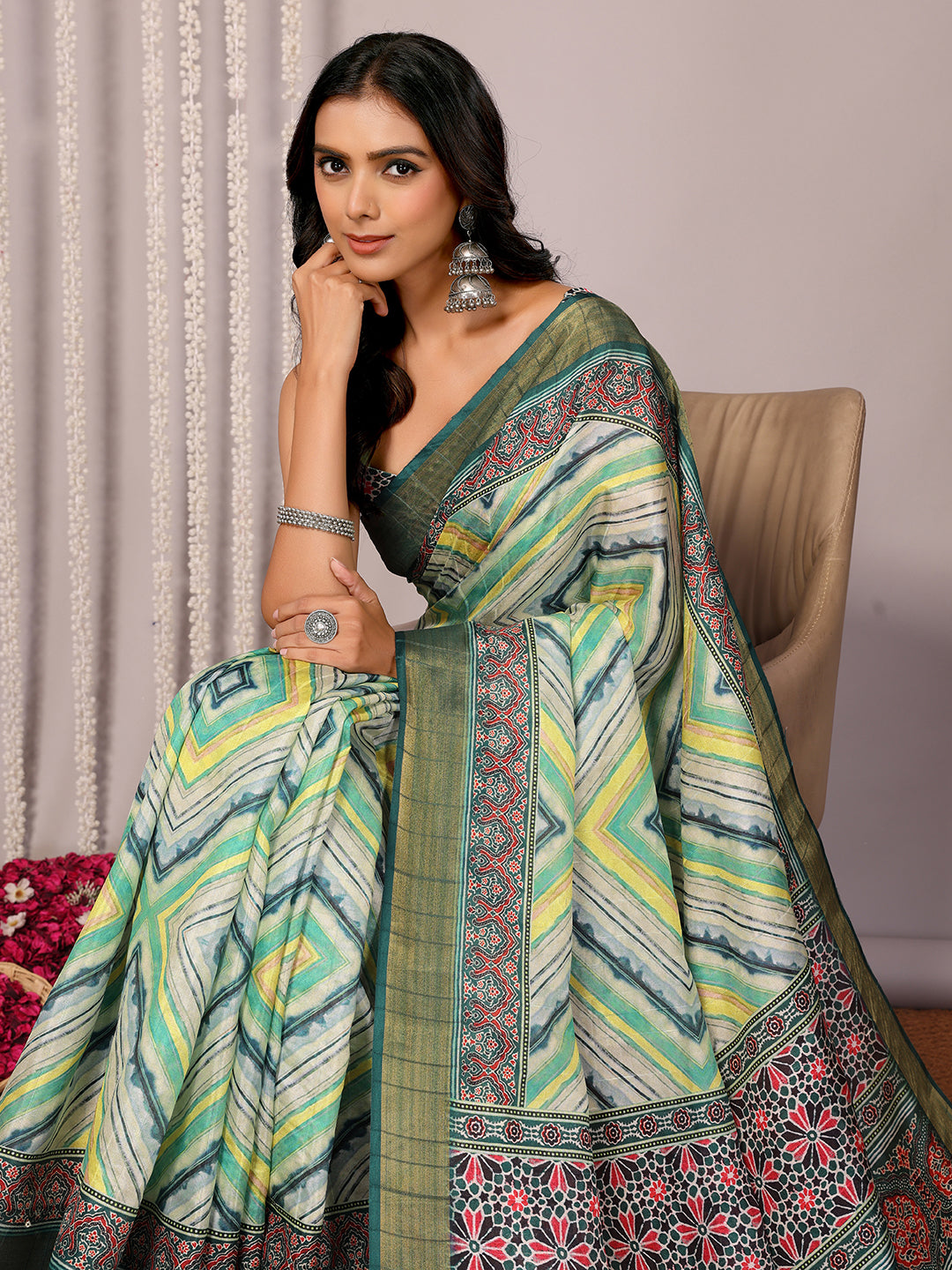 Janasya Green Chanderi Silk Chevron Printed Saree | Swadesiicart