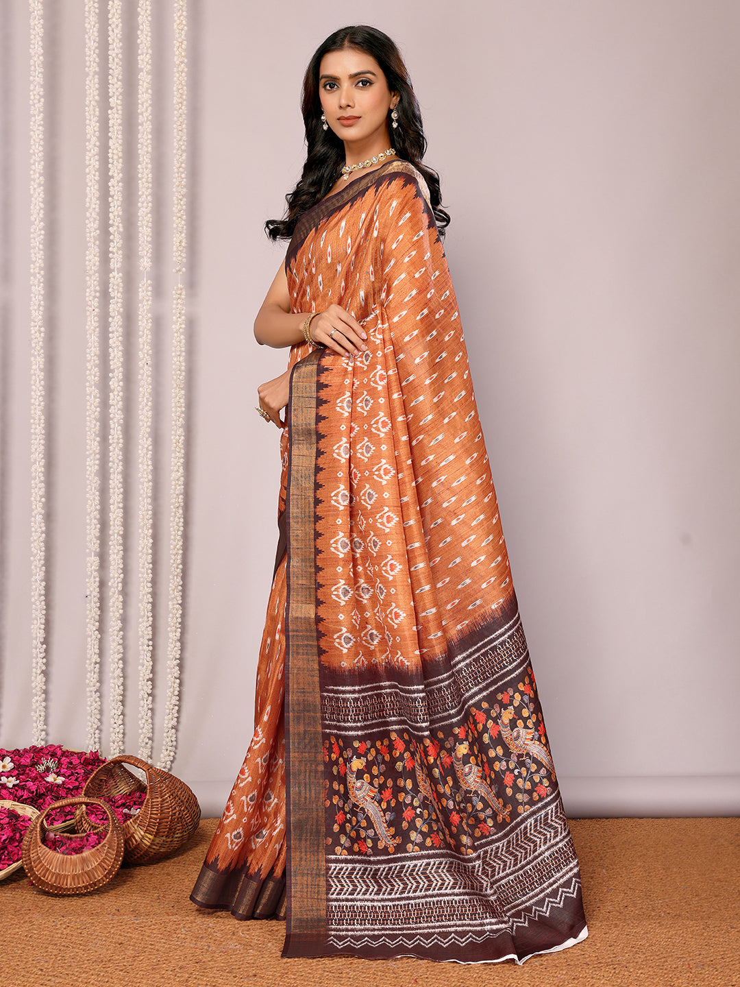 Janasya Orange Chanderi Silk Ikkat Printed Saree | Swadesiicart