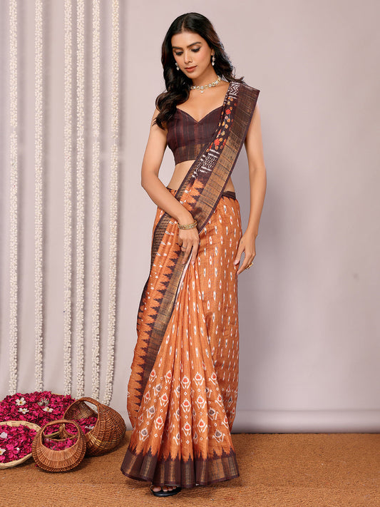 Janasya Orange Chanderi Silk Ikkat Printed Saree | Swadesiicart