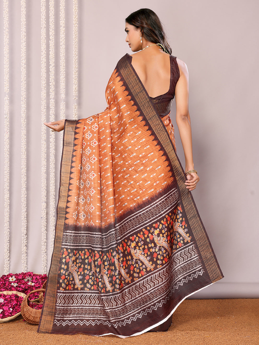 Janasya Orange Chanderi Silk Ikkat Printed Saree | Swadesiicart
