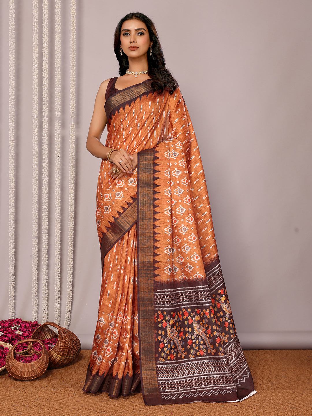 Janasya Orange Chanderi Silk Ikkat Printed Saree | Swadesiicart