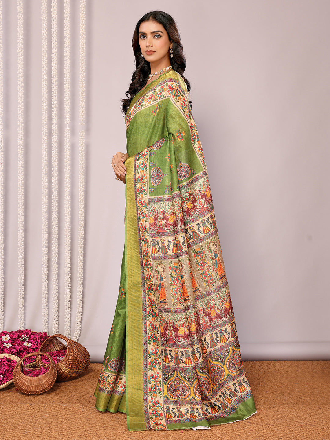 Janasya Green Chanderi Silk Kalamkari Printed Saree | Swadesiicart