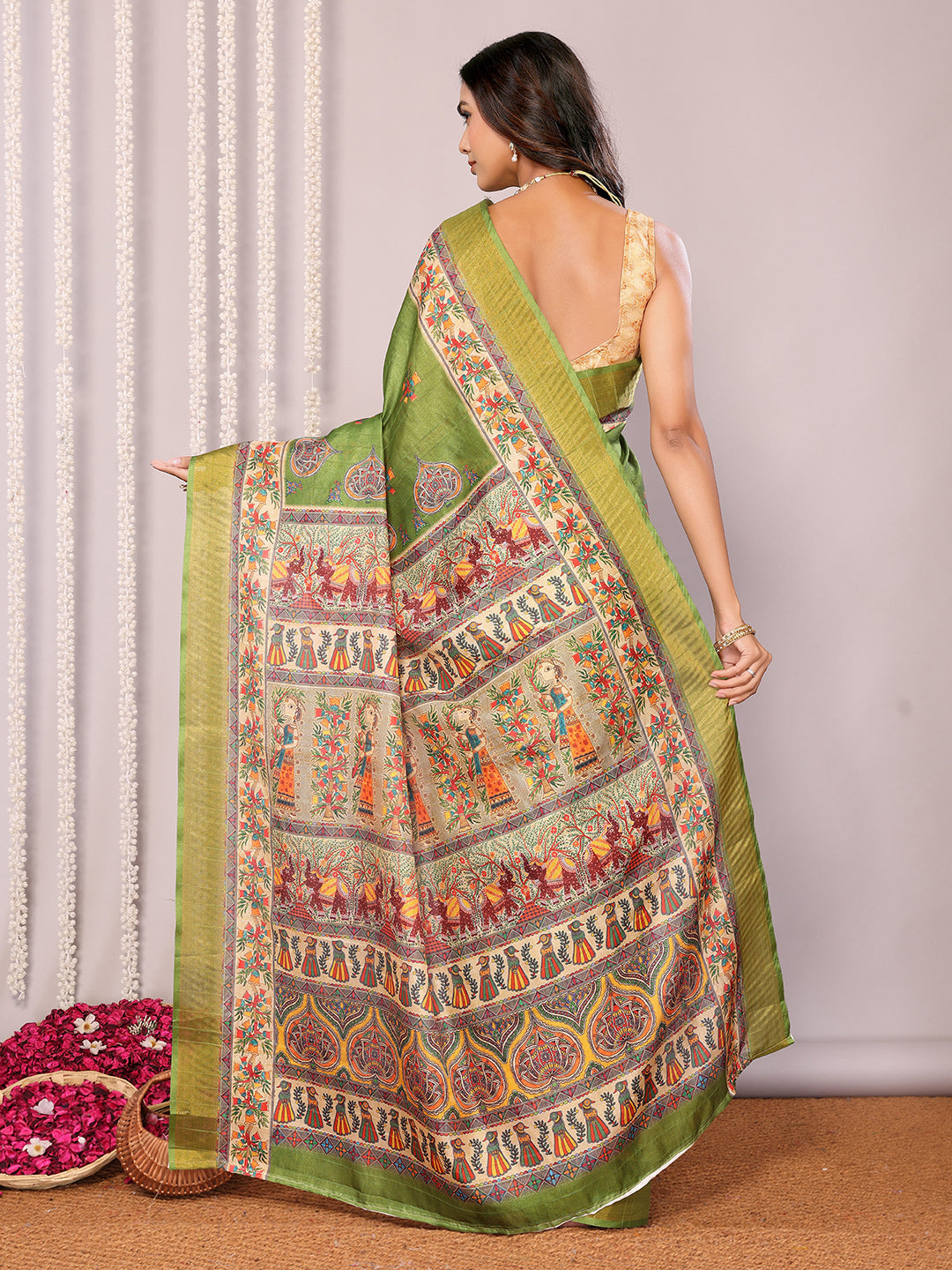 Janasya Green Chanderi Silk Kalamkari Printed Saree | Swadesiicart