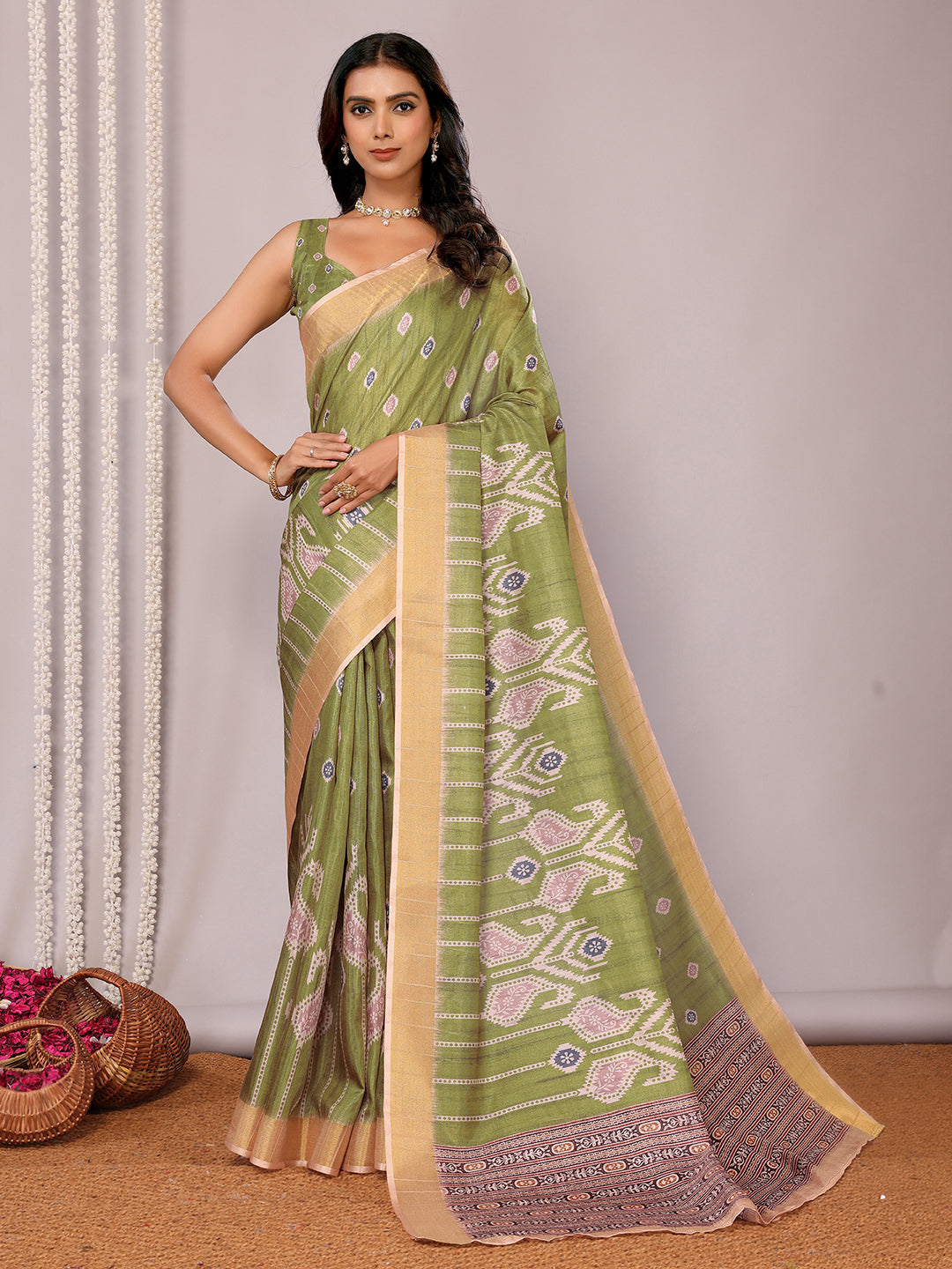 Janasya Green Chanderi Silk Ikkat Printed Saree | Swadesiicart