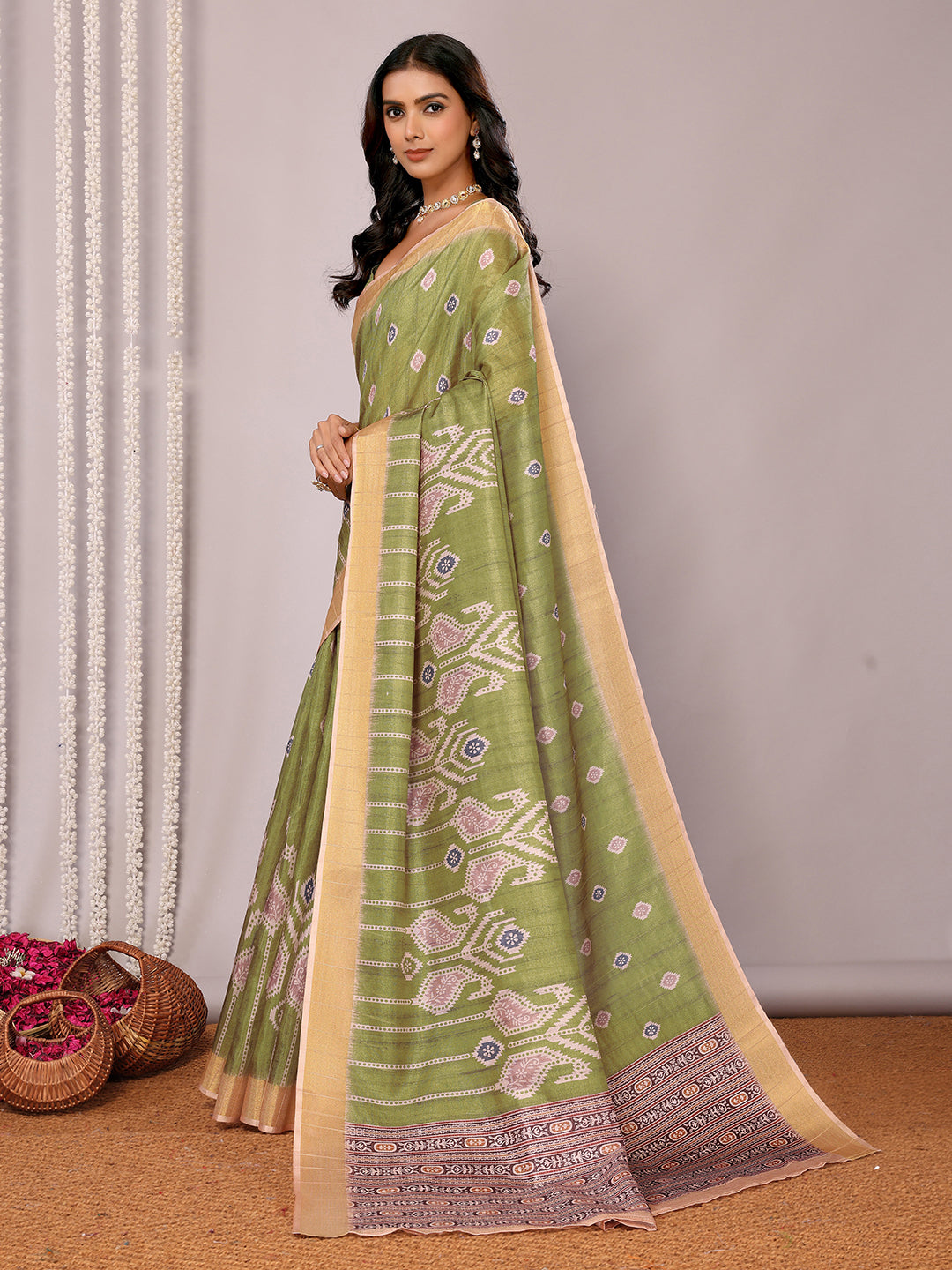 Janasya Green Chanderi Silk Ikkat Printed Saree | Swadesiicart