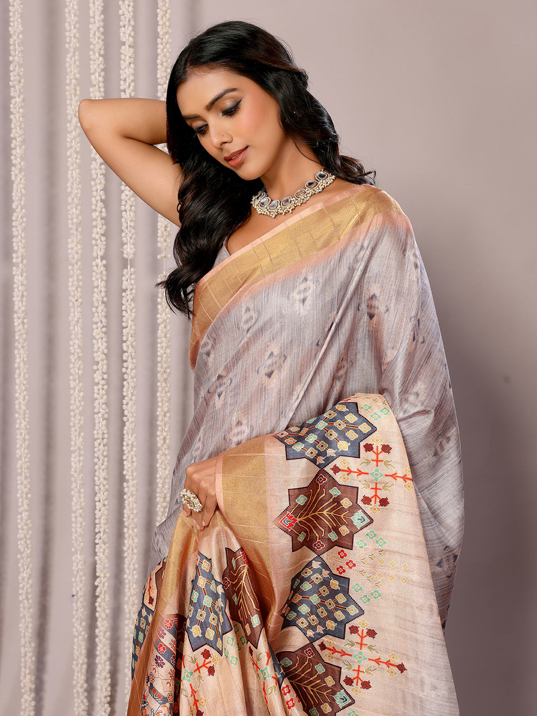 Janasya Beige Chanderi Silk Ethnic Print Printed Saree | Swadesiicart
