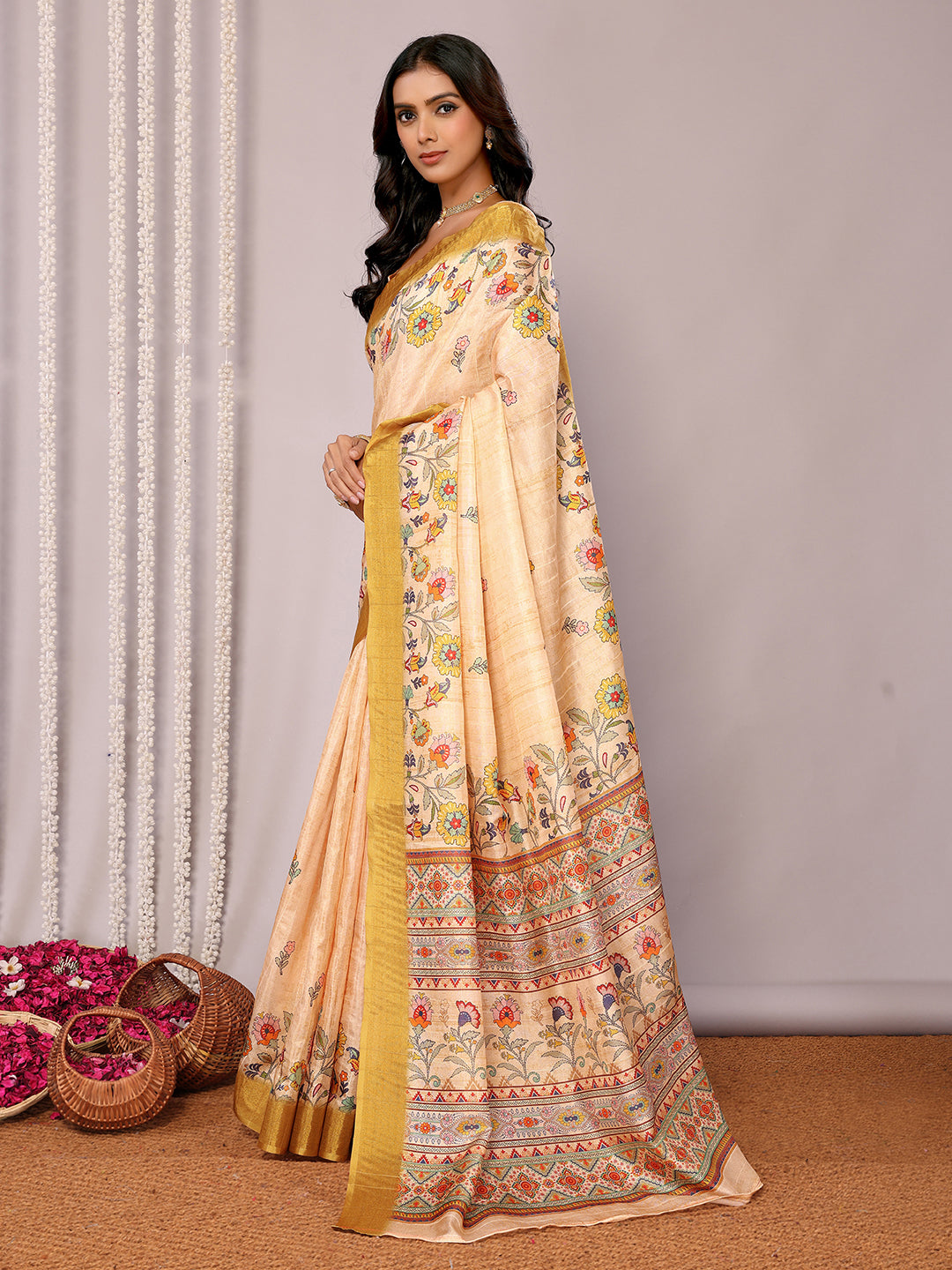 Janasya Beige Chanderi Silk Floral Printed Saree | Swadesiicart